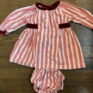 Oso & Me pink striped dress with velvet trim and bloomers, Size 3 months
